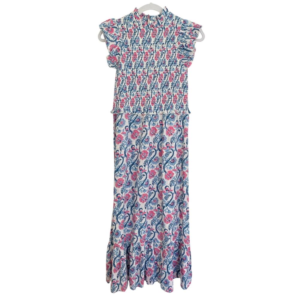 Anna Cate Tuckernuck Blakely Midi Smocked Dress Pink Blue Floral Block Print XS